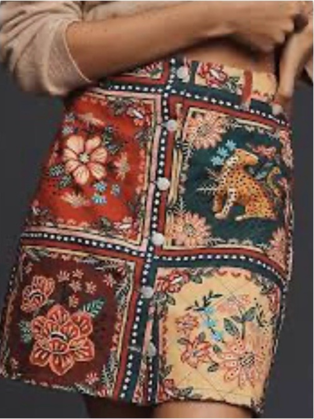 Farm Rio Quilted Tapestry Mini Skirt Size S Floral Tiger Boho Fall Anthropologie